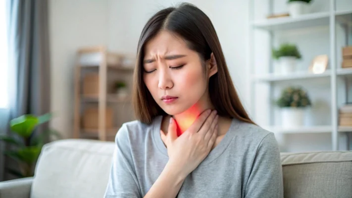 ภาพผู้หญิงเอเชียกำลังเจ็บคอ ป่วยไม่สบายและต้องการปรึกษาเภสัชใกล้ฉัน