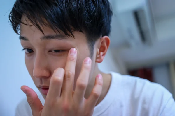ผู้ชายชาวเอเชียที่กำลังรู้สึกระคายเคืองหรือรู้สึกผิดปกติกับบริเวณเปลือกตาของตัวเอง